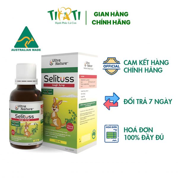 Siro ho Selituss 100ml là sản phẩm nhập khẩu nguyên hộp từ Úc với thành phần tự nhiên 100%, giúp giảm ho nhanh chóng, long đờm hiệu quả và hỗ trợ hệ miễn dịch tự nhiên. Sản phẩm giúp bảo vệ hệ hô hấp của bé, đặc biệt là trẻ sơ sinh từ 0 tháng tuổi, giúp giảm ho và phòng ngừa tái phát cơn ho.